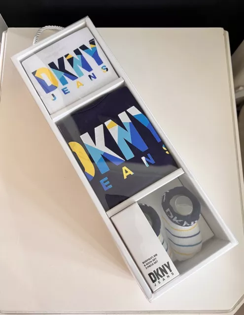 DKNY Baby Boy Girl Gift Set Bundle Age 0-3 Months, Bodysuit Bib Socks