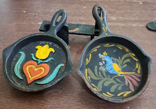 Vintage Hand Painted Mini Cast Iron Frying Pans Folk Art Painted Both Sides L58