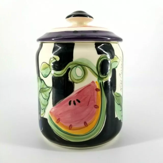 Vicki Carroll Bon Appetite Fruit Veggies Striped Canister w/ Lid 8 1/4" Appetit