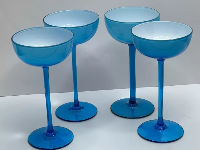 Carlo Moretti Turquoise White Cased Glass Tall Stem Champagne Glasses Set of 4