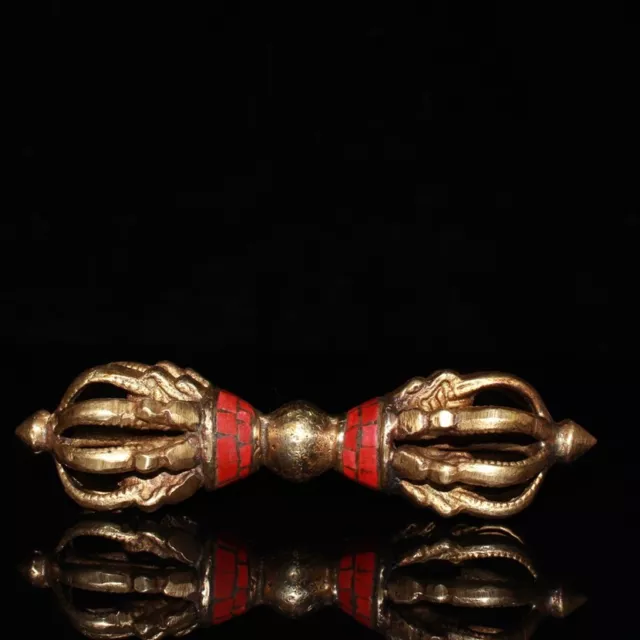 Chinese Feng Shui Old copper inlay red turquoise handmade Vajra Artifact