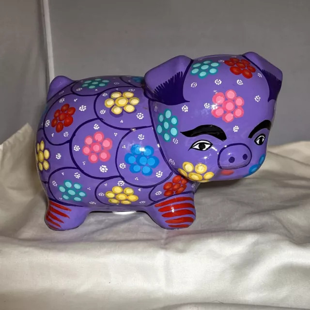 Talavera Handmade Mexican Terracotta Piggy Bank Purple Daisy Flowers Folk Art