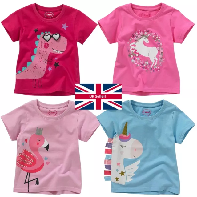 Girls Summer T-Shirts Dinosaur Flamingo Unicorn Tops Short Sleeve Cotton Pom Pom