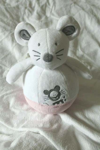 Doudou culbuto souris blanc et rose OBAIBI OKAIDI grelot brode souris gris 22 cm