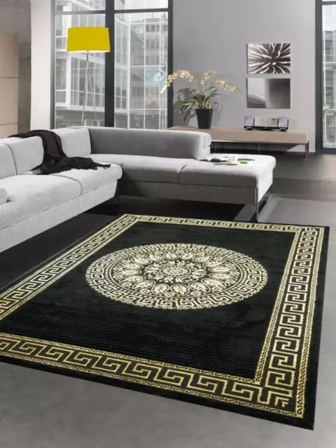 Tapis salon avec bordure motif méandre noir or