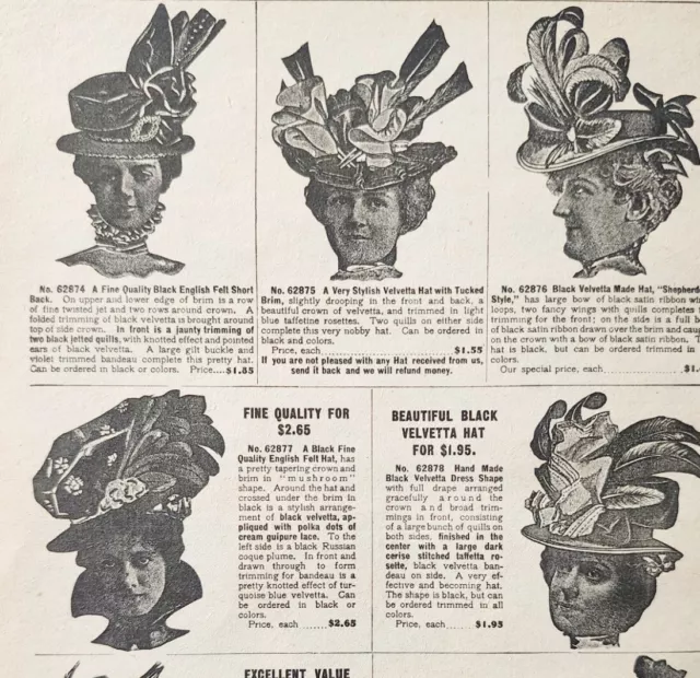 1900 Womens Feather Hats Advertisement Victorian Sears Roebuck 5.25 x 7"