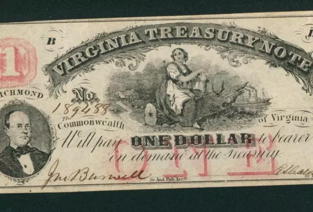 $1 1862 (( VF+ / XF )) Virginia Treasury Note - Commonwealth Obsolete Banknote