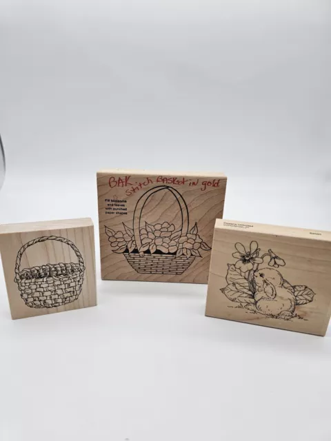 Easter Rubber Stamps Lot of 3 Easter Basket Bunny Rabbit Basket of Flowers Stamp