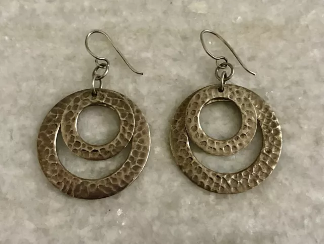 Beautiful Sterling Silver 925 Hammered Double Circle Dangling Drop Earrings