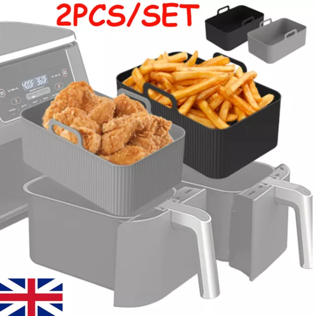 2Pcs Air Fryer Silicone Pot Rectangle Baking Tray Basket Liners Insert Dish UK