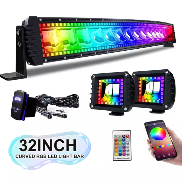 32Inch LED Light Bar 180W Spot Flood Curved Off Road Driving RGB LED Pods Flash