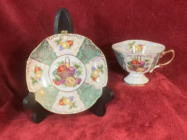 Vintage MCM Shafford Footed Gilt Fruit Lusterware Tea Cup Saucer Japan  Set Lot