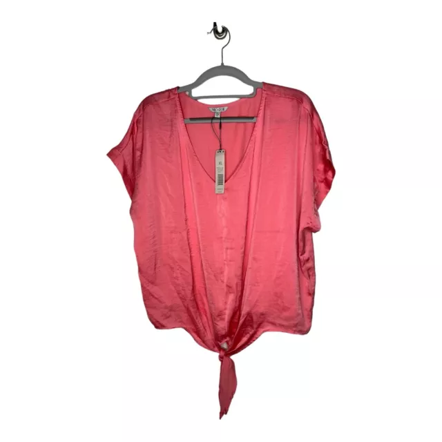 Nic and Zoe Satin Tie Front Blouse Womens Size XL Pink V Neck Short Sleeve New