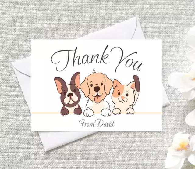 Pack of 12 Personalised Thank You Pet Dog & Cat Note Cards With White Envelopes