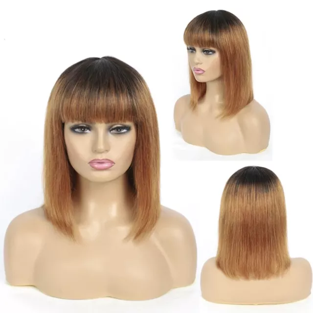 Dark Blonde Ombre Bob Wig with Bangs Short Straight Remy Human Hair Wigs T1B/30