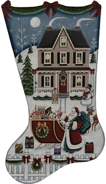 Needlepoint Handpainted Rebecca Wood Christmas Stocking Santas Arrival 19"