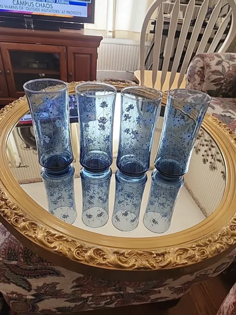 Vintage 4 Libbey Tawny Blue Floral Glasses Tall Tumblers 6.5"