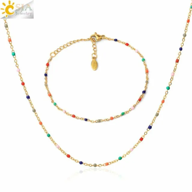 1set Stainless Steel Bead Bracelets Thin Beaded Chain Necklaces Women Fashion Je
