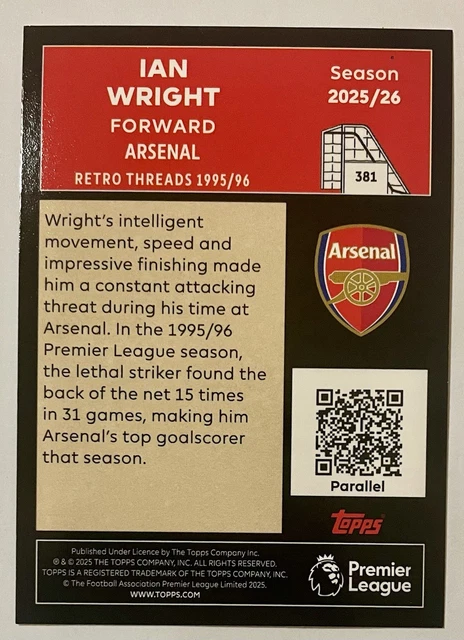 Carte Topps Premier League 2026 - Ian Wright Retro Threads (381) Arsenal, Neuve