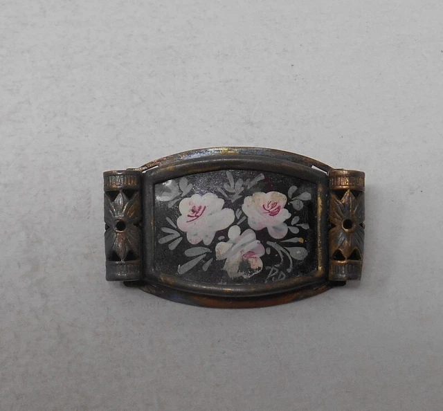 Broche Ancienne En Métal Ciselé Et Celluloid - Décor Fleuri Multicolore, Vintage