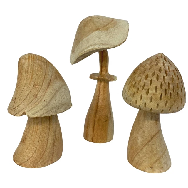 Forest Mushrooms Statue Set of 3 Hand Carved Wood Bali Folk Art Boho Decor