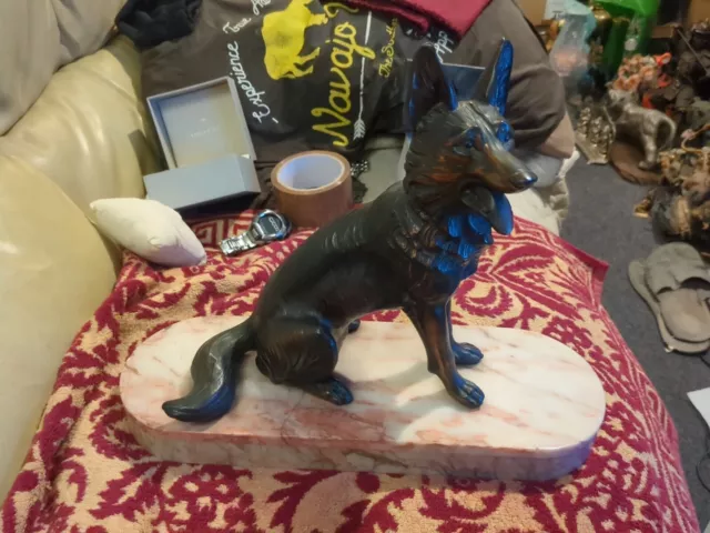 Vintage Signed Bronze On Marble Base Alsatian Dog Statue Sculpture Figure