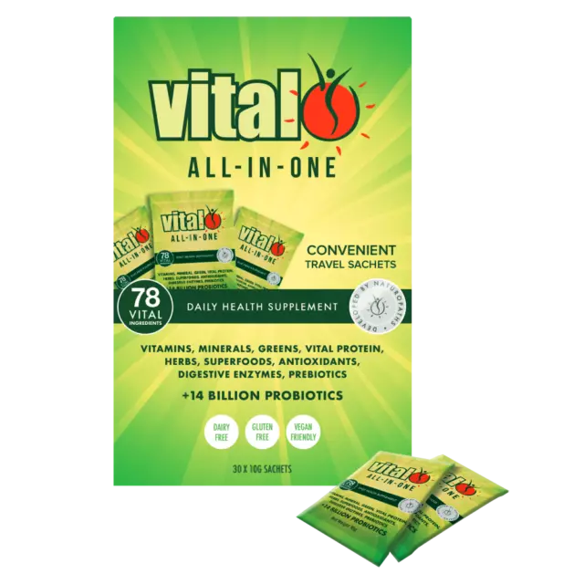Vital All-In-One (Greens) Daily Health Supplement 30 x 10g Travel Sachets Vegan