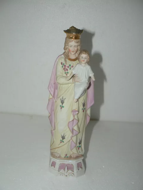 Ancien Grand Biscuit Religieux Marie Et Jésus Polychrome Vintage Ceramique Xx