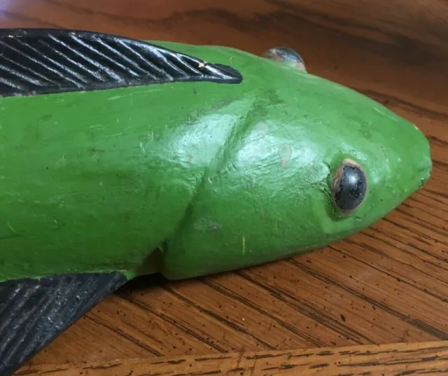 True Vintage Green Bozo Wooden Fish. Mali. Hand Carved, Painted. Tribal Used.