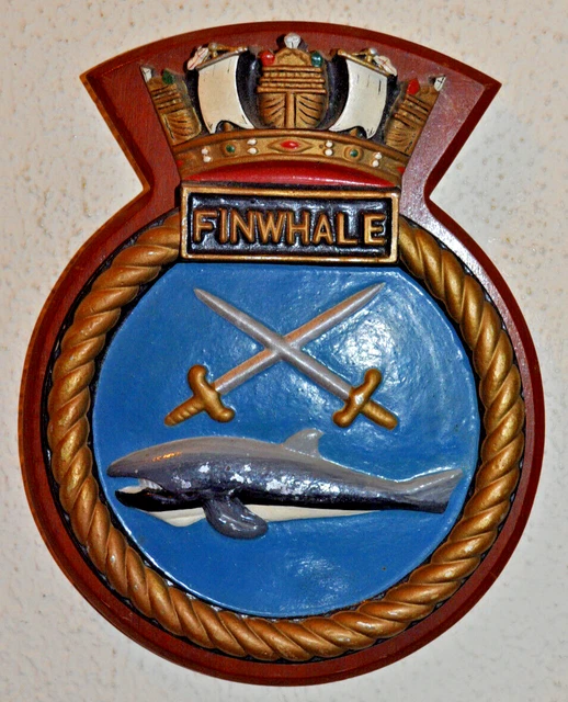 HMS FINWHALE CAST metal and wood ship's crest plaque Royal Navy naval £ ...
