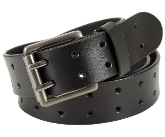 MEN GENUINE LEATHER 2 Hole Black Casual Belt with Heavy Silver Buckle