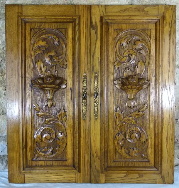 Antique French Pair Carved Wood Doors Wall Panels Solid Oak Salvage