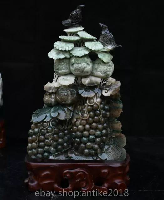 12 " China Natural Green Dushan Jade Carved Grape Fruits Statue Sculpture