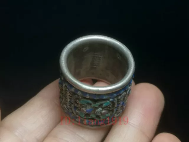 old Collection China Handmade Pure Silver Thumb Ring Bake Cloisonne Bat Flowers 3