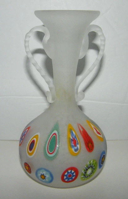 Vtg Mid Century Modern Italian Murano Satin Art Glass Venetian Millefiori Vase