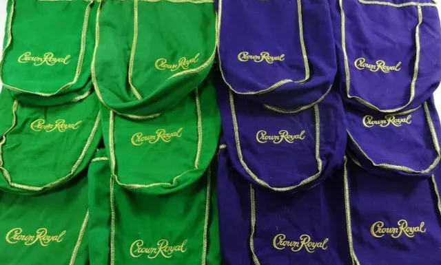 Mixed Lot of 20 Crown Royal 750ml Drawstring Bags 10 Green & 10 Purple 9"