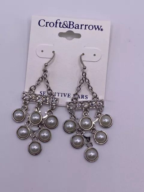 Croft & Barrow White Silvertone Bead Chandelier Earrings New