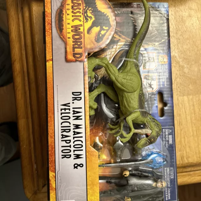 MATTEL JURASSIC WORLD Dominion Dr. Ian Malcolm & Velociraptor Dinosaur