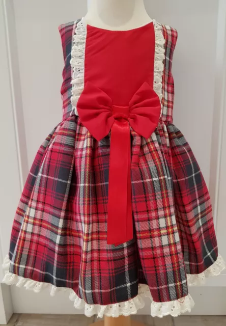 Baby Mädchen spanischer römischer Stil Tartan Kleid rot grau Schleife Spitze gefüttert 6-12 Monate.