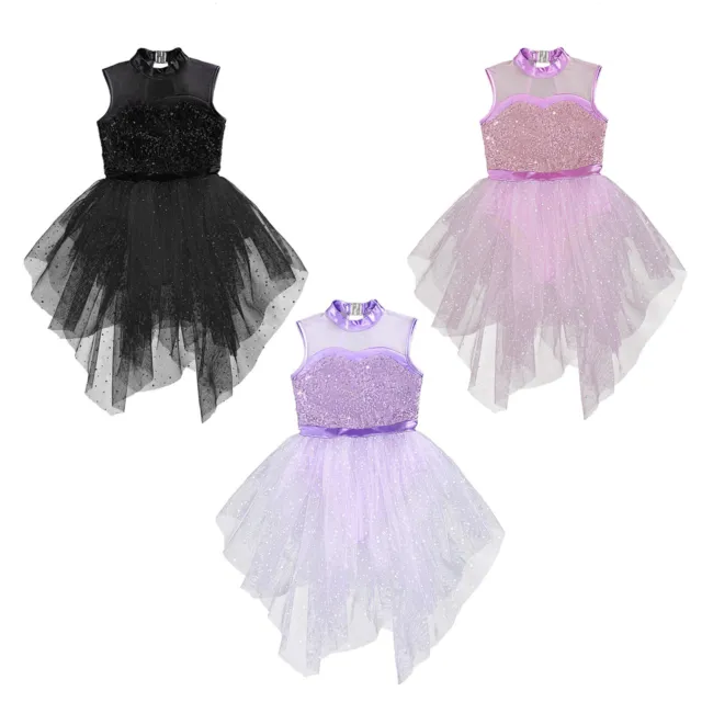 Kids Girls Sequin Dress Tutu-Skirt Leotard Flower Party BallGown Shiny Dancewear