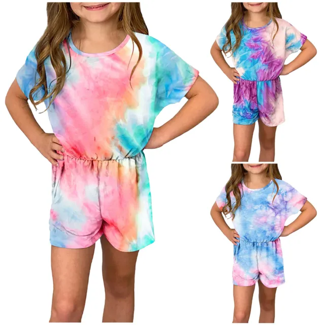 Children Kids Girls Short Sleeve Rainbow Tie-Dyed Printed Romper Jumpsuit