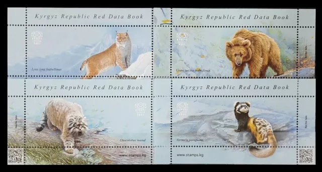 163.Kyrgyzstan 2018 Set/4 Stamp M/S Red Data Book Wild Animals, Lynx, Bear,Cats