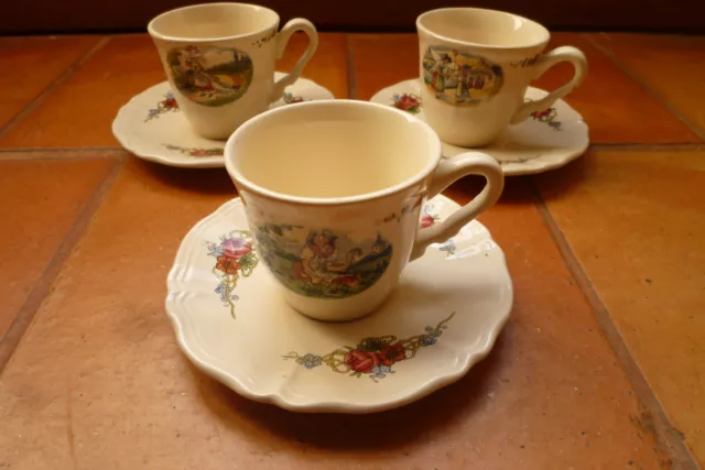 3 tasses à café avec soucoupes Sarreguemines modèle Obernai 3 décors différents