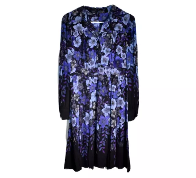 Elie Tahari Dress Size 2 Floral Long Sleeve Button Front A-Line Black Blue $898