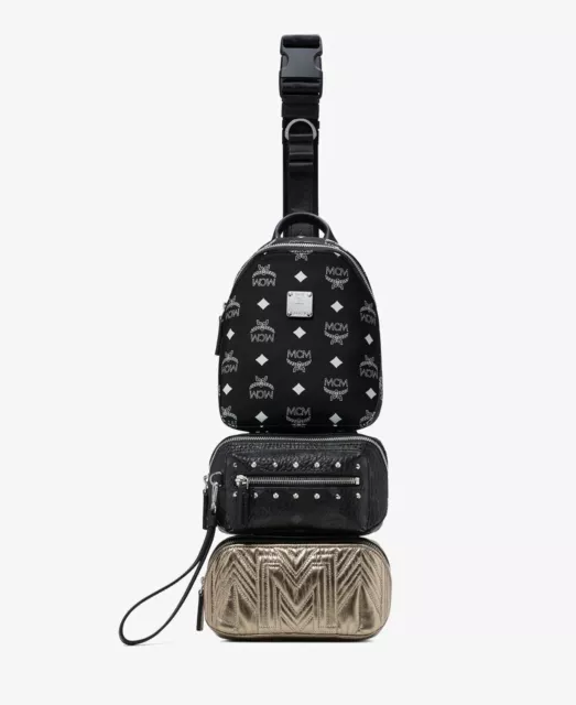 $1075 MCM Black Nylon Visetos Leather Trey 4-in-1 Sling Belt Bag mul9arn10mt001