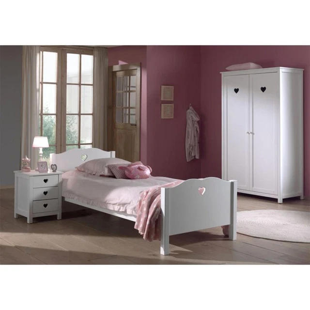 Paris Prix - Pack - Lit Enfant, Sommier, Chevet & Armoire "amori" 90x200cm Blanc