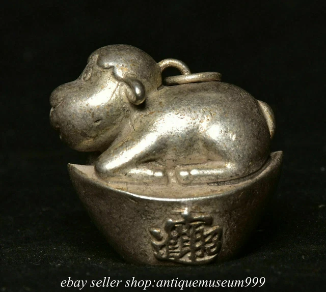 1.2" Old Chinese Silver Fengshui 12 Zodiac Year Sheep Yuan Bao Statue Pendant