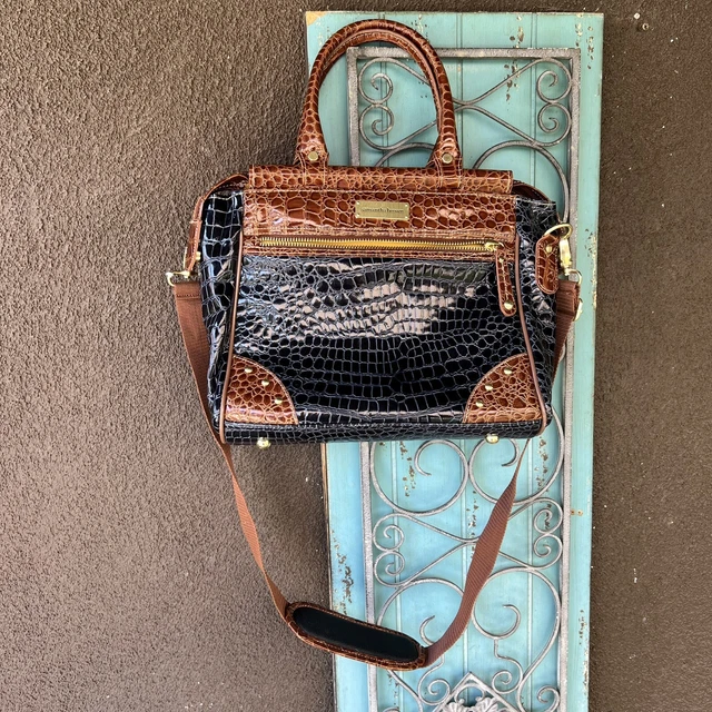 SAMANTHA BROWN Carry On Travel Purse Satchel Bag Faux Patent Crocodile Navy
