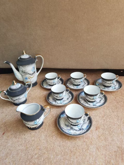 Vintage Japanese hand painted embossed Dragon Coffee Set 15 pcs