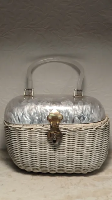 1950s Mid Century Wicker Purse Pearl Lucite Top Clasp Vintage Handbag Read